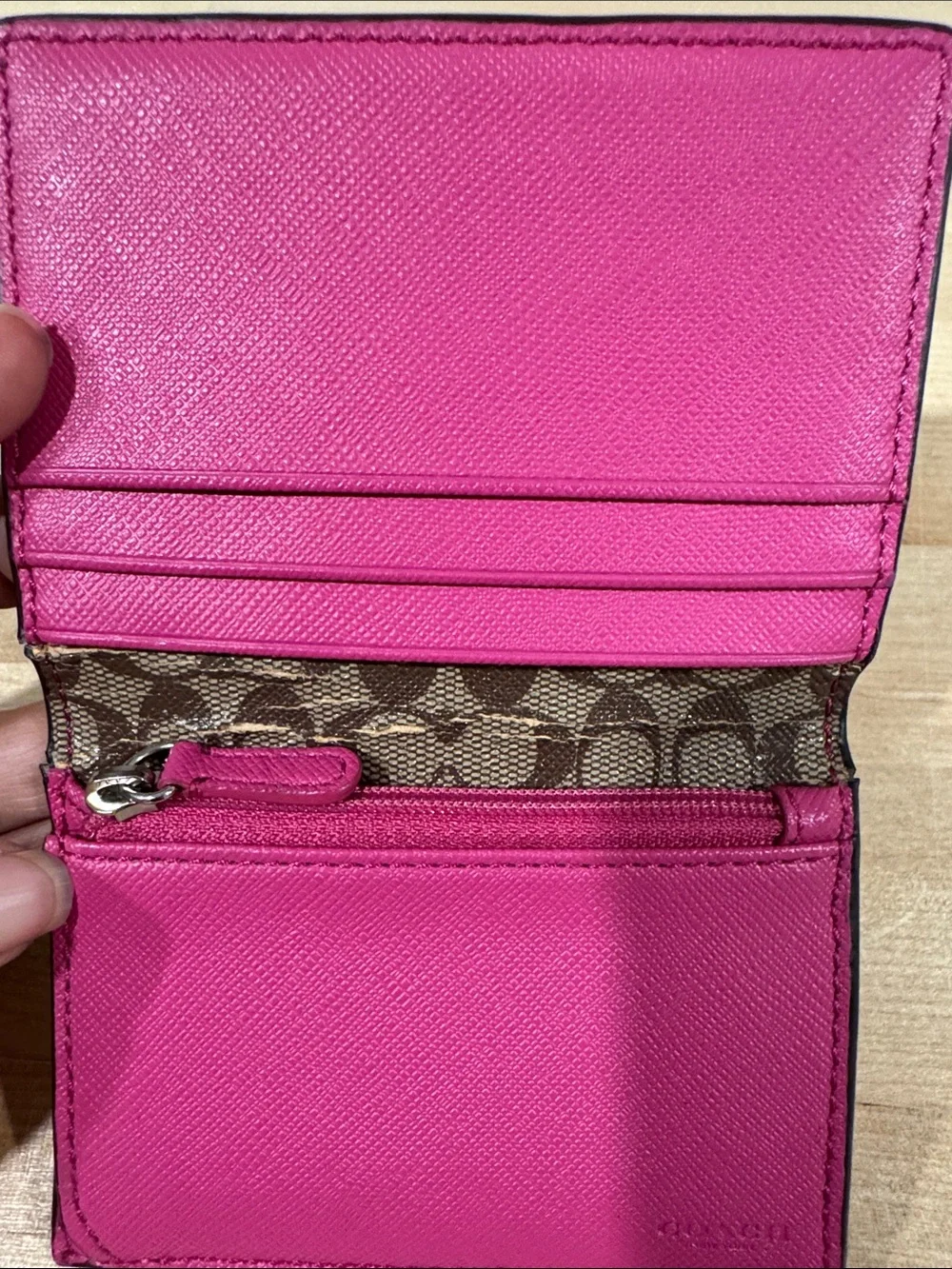 Coach Hot Pink Saffiano Leather Card Case with Silver Logo